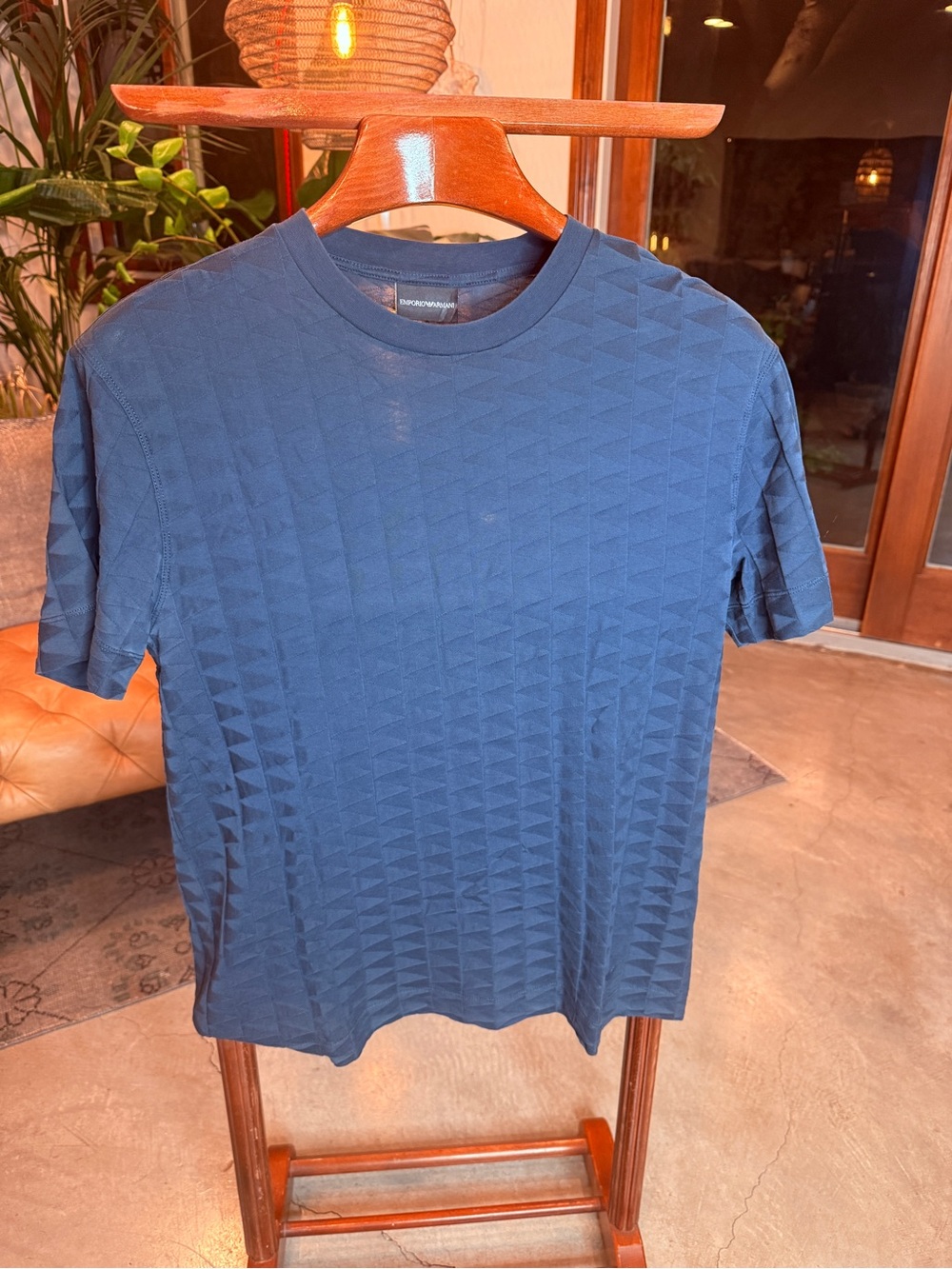 Emporio Armani Navy Short-Sleeve Crewneck with Geometric Texture
